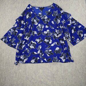 Lane Bryant Womens Floral Top Royal Blue Size 26/28 Polyester Bell Sleeve